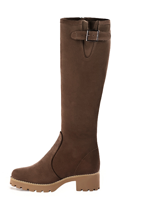 Women's chocolate brown custom-made buckle knee-high boots with  and  - Worn view